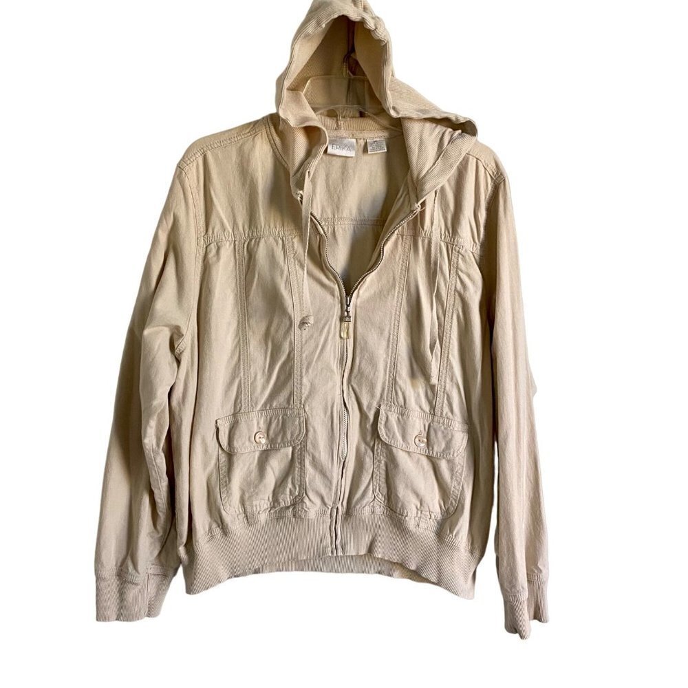 Erika Full Zip Hoodie Sweatshirt Buttoned Pockets Cotton Beige Size XL